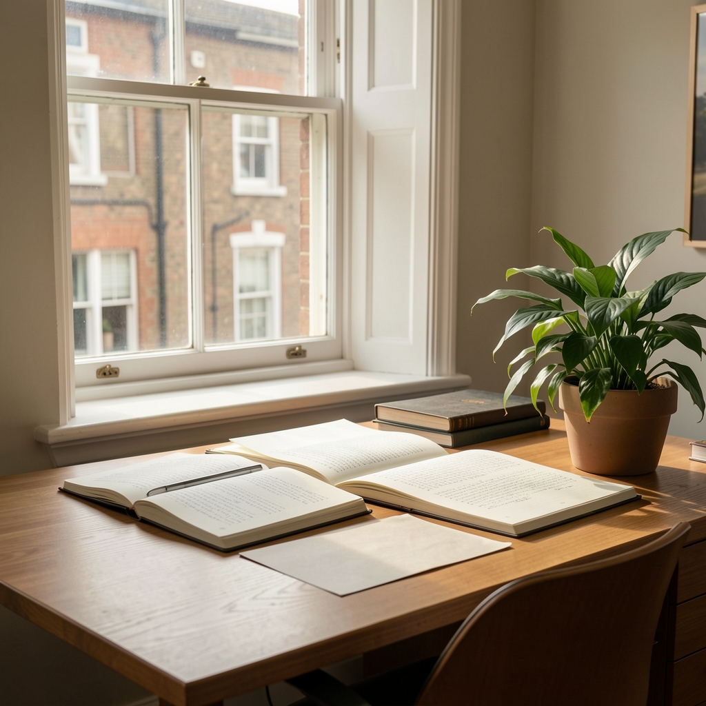 Editorial workspace with open notebooks, a plant, and natural morning light coming through a window
