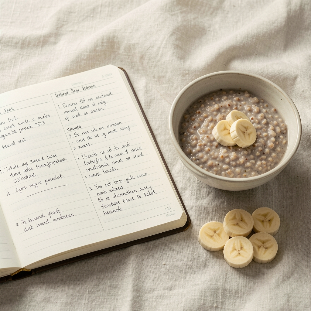 Open food journal with handwritten notes beside a bowl of whole grain porridge and sliced banana on a pale linen cloth