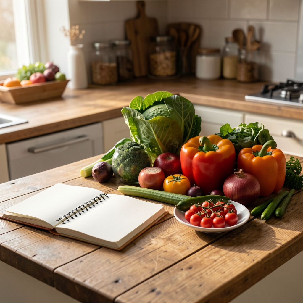 Notebook open beside a selection of whole foods and vegetables on a wooden kitchen counter in early morning light