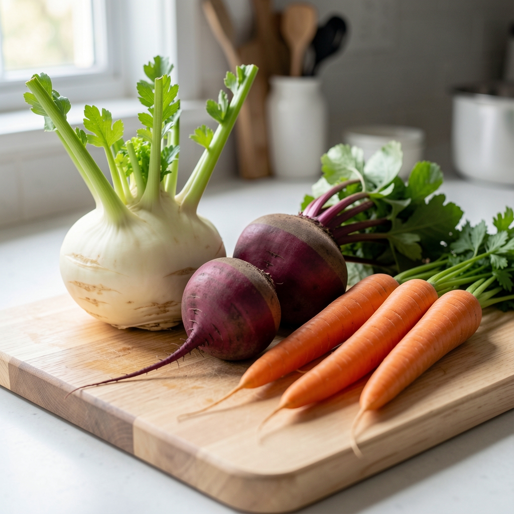 Seasonal root vegetables including celeriac, beetroot and carrots on a pale wooden chopping board in kitchen natural light