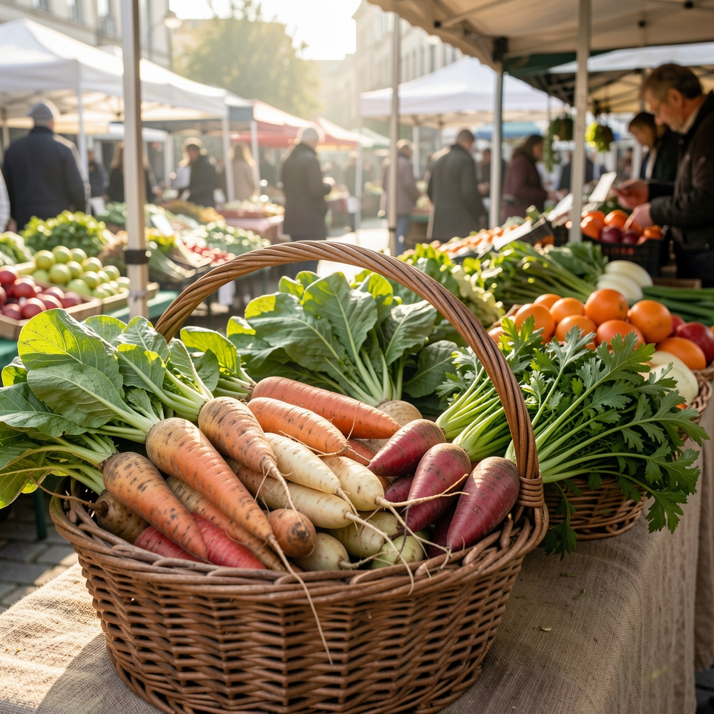 Fresh seasonal root vegetables and spring greens arranged in a basket at an early morning market stall