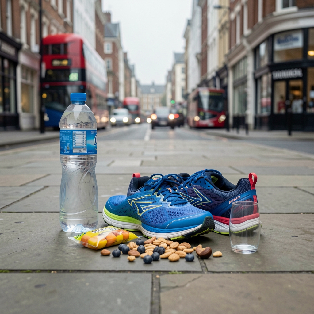Running shoes on a London pavement beside a water bottle and a light pre-run snack of fruit and nuts in overcast morning light