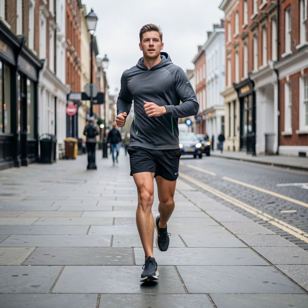 Person jogging along a London pavement in soft overcast morning light, running shoes visible on grey stone