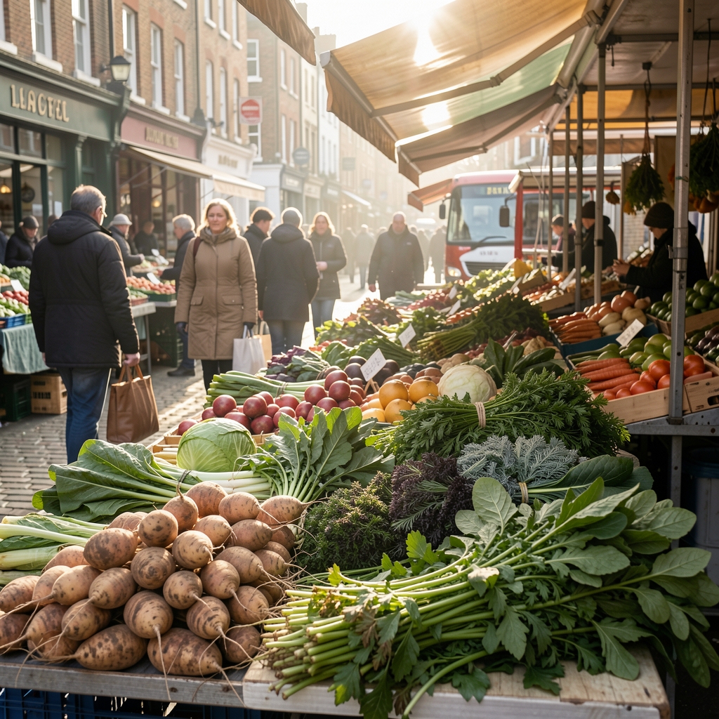 Market produce including root vegetables and winter greens in early morning light at a London street market